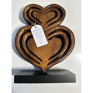 Handcrafted Wooden Double Heart Sculpture Decor Thailand Wood Art 12”
